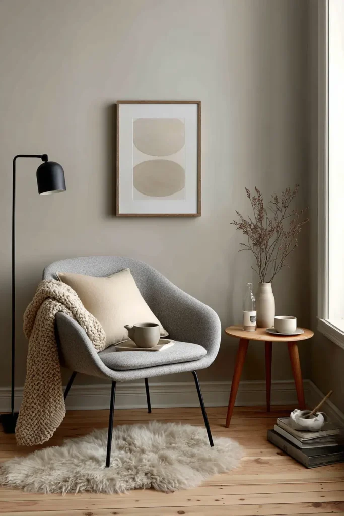 Tendance decoration interieure coin cocooning style nordique chaise bois clair cosy