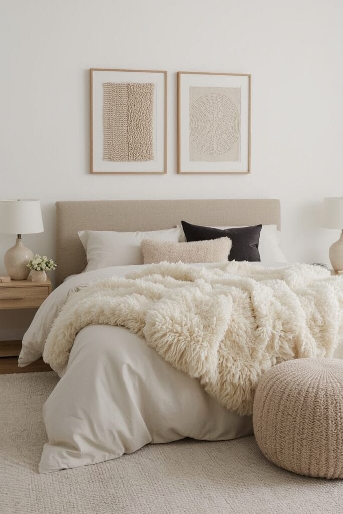 Tendance decoration interieure chambre textures bouclées laine bouclé faux mouton velours confort