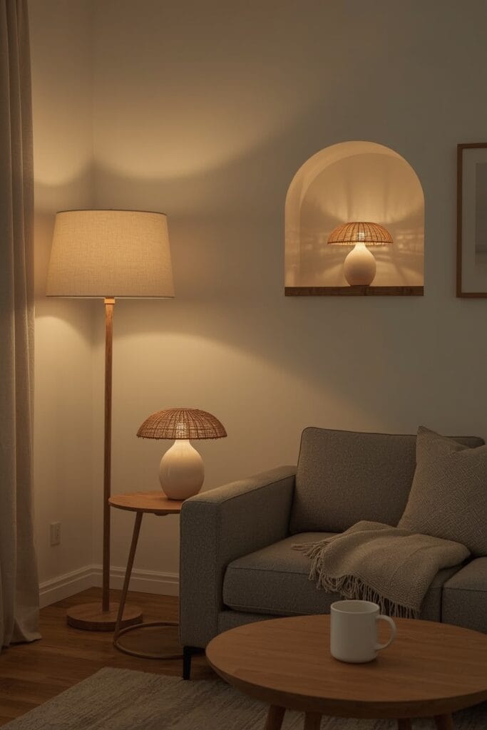 Tendance decoration interieure salon lampes champignon luminaires doux ambiance cosy soirée