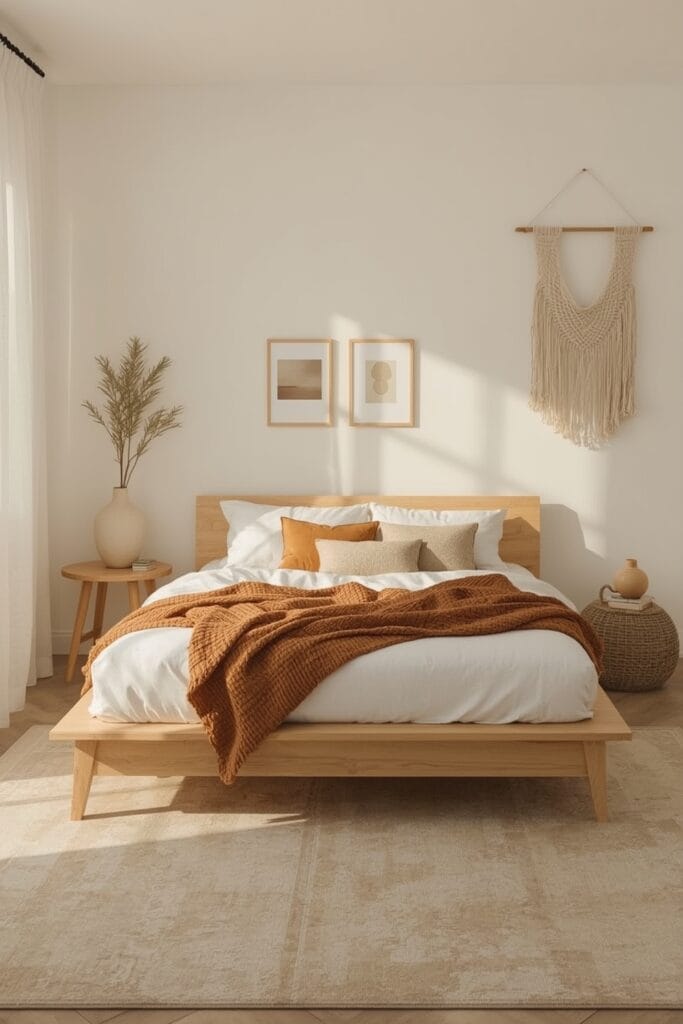 Tendance decoration interieure chambre bois clair scandinave bois bouleau textile laine lin caramel