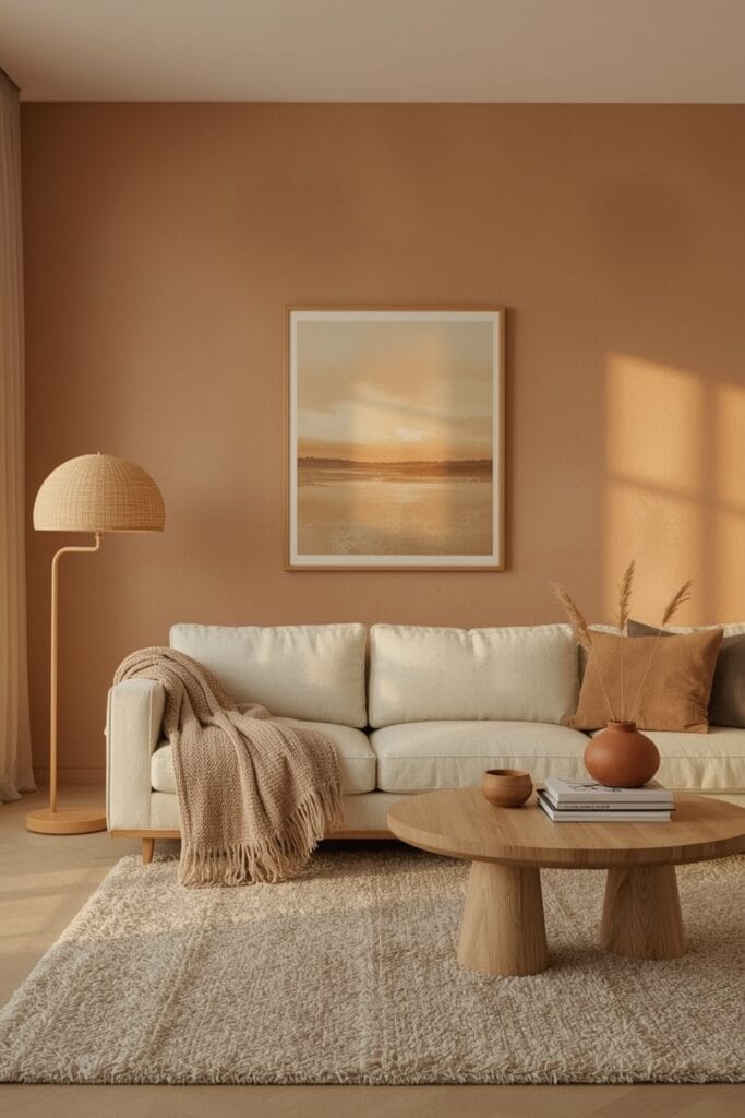Tendance decoration interieure salon enduit chaux mur nuagé terracotta bois clair textile cosy