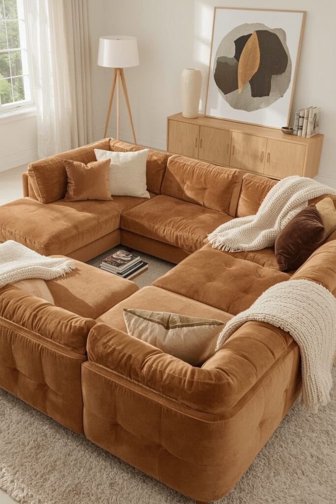 Tendance decoration interieure salon canapé modulaire velours caramel configuration cosy cocooning