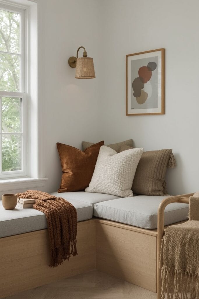 Tendance decoration interieure banquette murette sur mesure coin lecture cosy bois clair textile