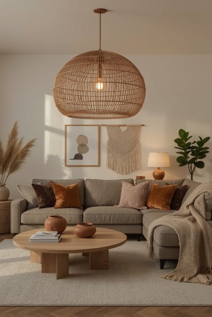 Tendance decoration interieure salon suspension fibre naturelle XXL rotin decoration murale cosy