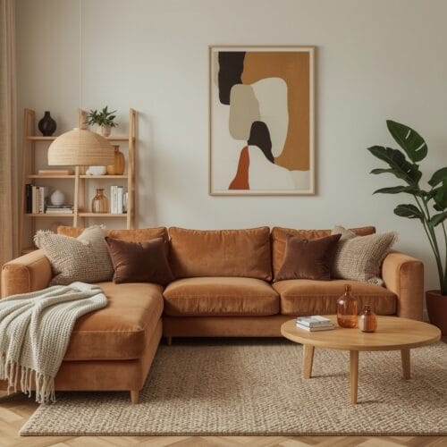 Tendance decoration interieure cosy avec un salon moderne intégrant un canapé modulaire velours, des textures bouclées, une lampe champignon, du bois scandinave et des objets en verre ambré.