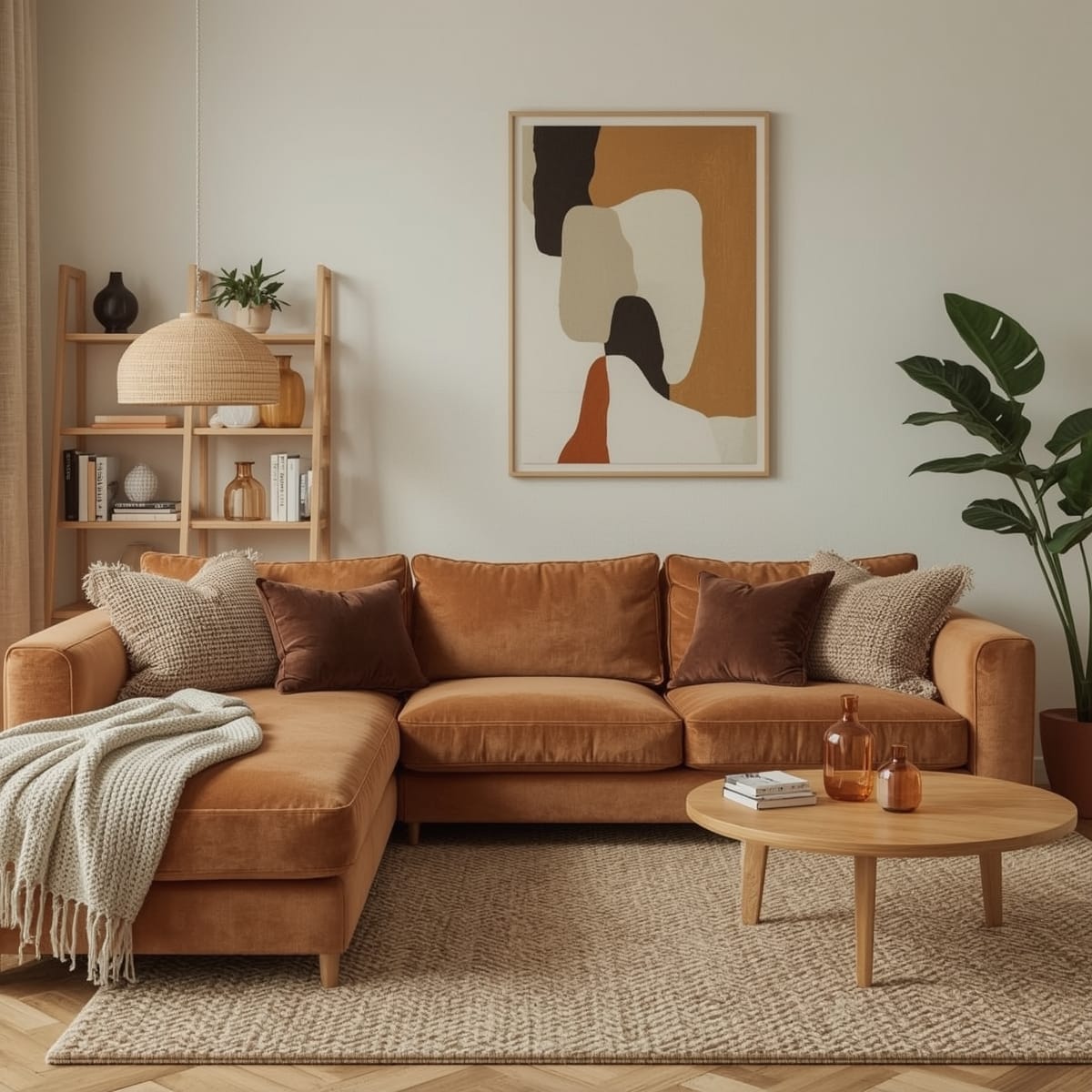 Tendance decoration interieure cosy avec un salon moderne intégrant un canapé modulaire velours, des textures bouclées, une lampe champignon, du bois scandinave et des objets en verre ambré.