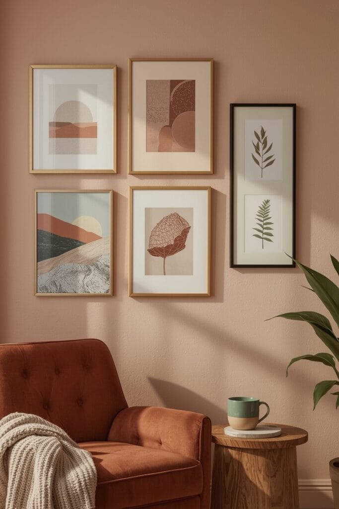 Décoration Murale Salon Tendance avec galerie de cadres et illustrations créatives dans un salon cocooning.