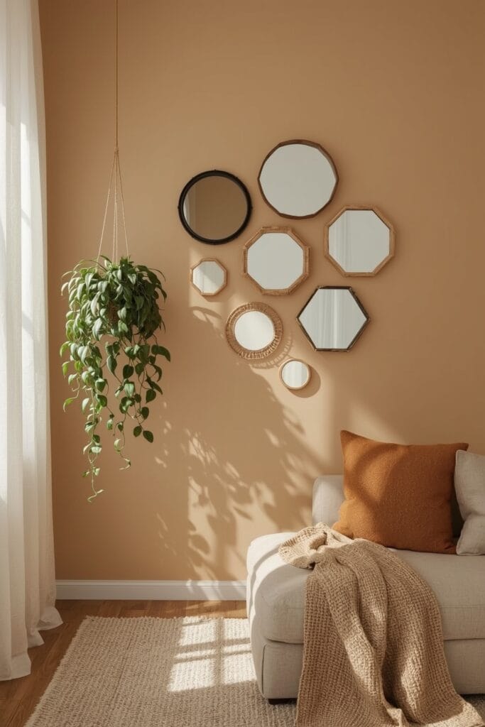 Décoration Murale Salon Tendance avec accumulation de petits miroirs bohèmes dans un salon cosy.