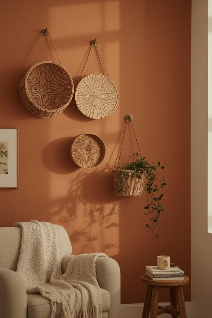 Décoration Murale Salon Tendance avec cintres décoratifs et paniers suspendus dans un salon cocooning.