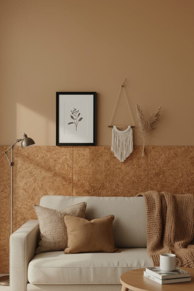 Décoration Murale Salon Tendance avec panneau en liège partiel dans un appartement cosy.