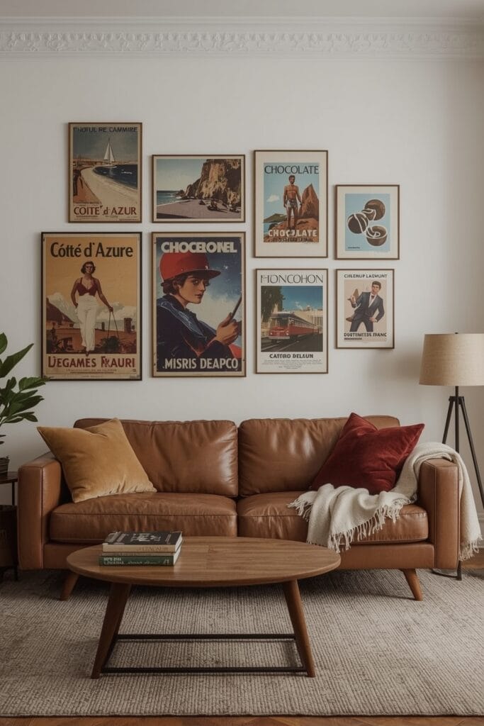 Décoration Murale Salon Tendance avec mur d'affiches vintage françaises variées dans un salon cocooning.