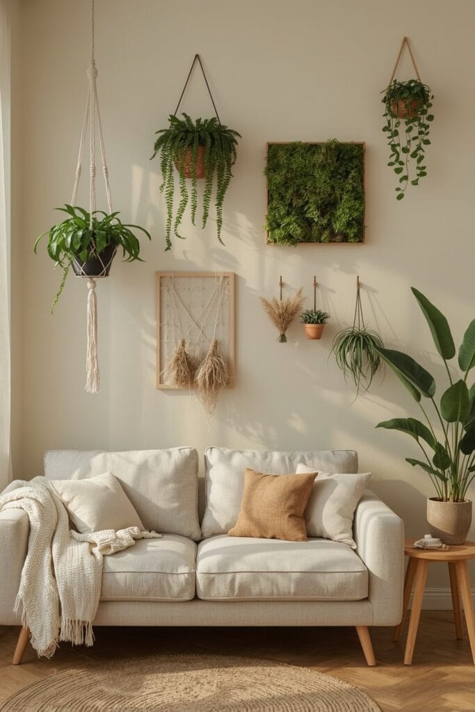 Décoration Murale Salon Tendance avec composition végétale murale dans un salon cocooning.