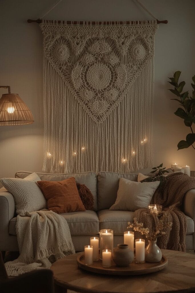 Décoration Murale Salon Tendance avec tapisserie macramé dans un salon bohème chic en début de soirée.