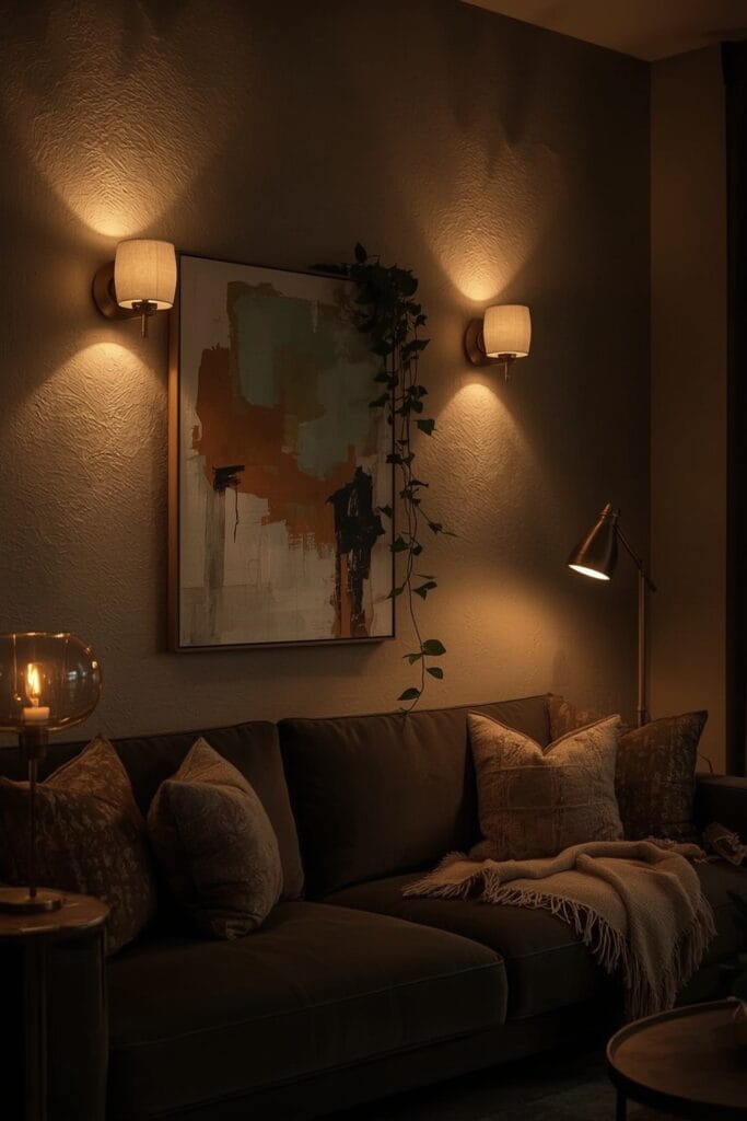 Décoration Murale Salon Tendance avec appliques design créant une ambiance feutrée dans un salon cosy en soirée.