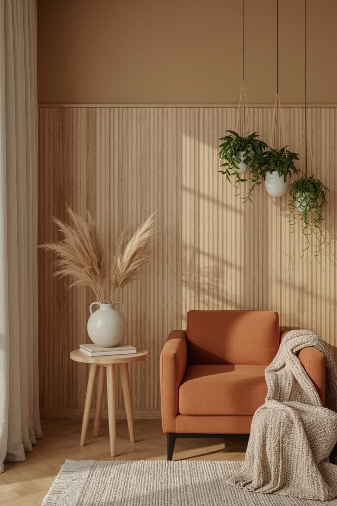 Décoration Murale Salon Tendance avec panneaux en bois lattés verticaux dans un salon cosy et chaleureux.