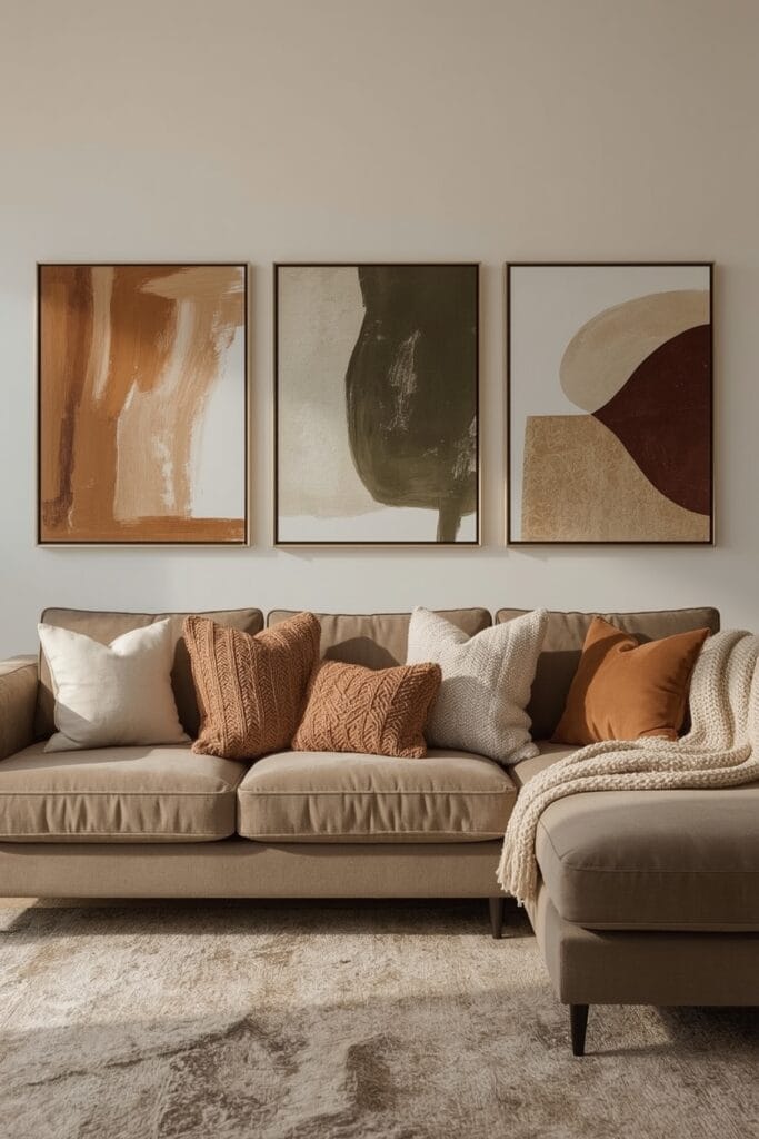 Décoration Murale Salon Tendance avec mur de tableaux abstraits dans un salon moderne et cosy.