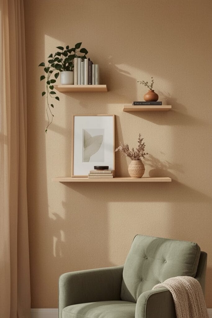 Décoration Murale Salon Tendance avec étagères flottantes asymétriques dans un salon cosy.