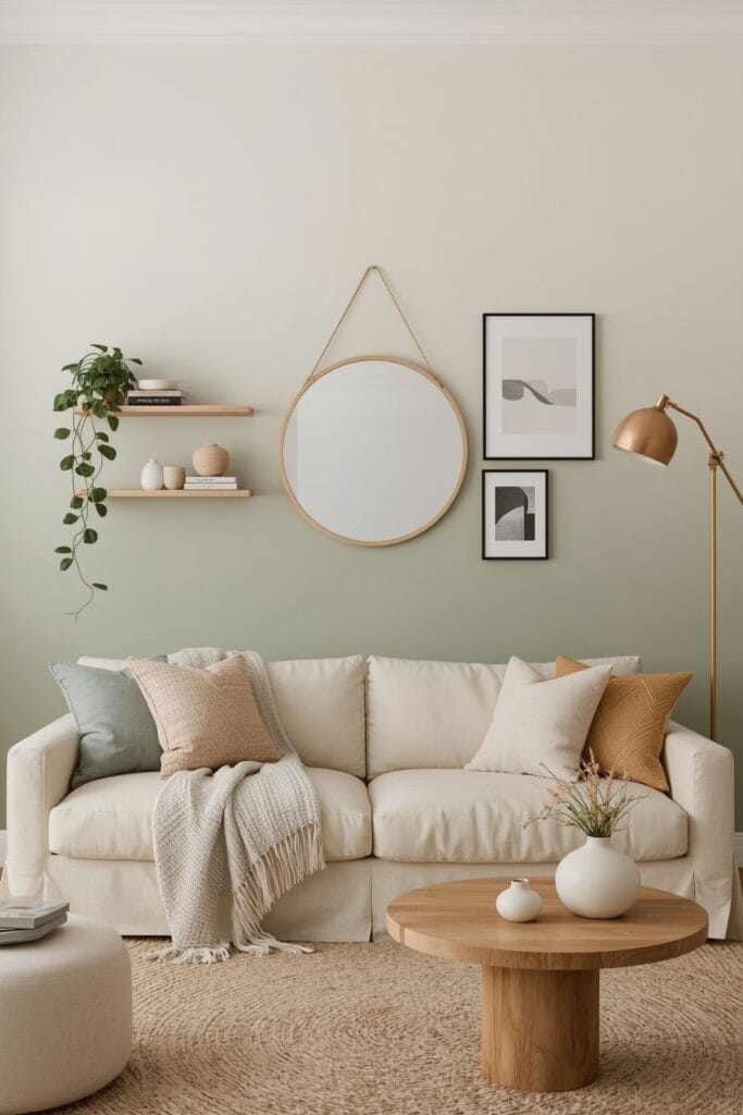 Décoration Murale Salon Tendance avec dégradé de peinture douce intégrant étagères, miroir et galerie d'art dans un salon cocooning complet.