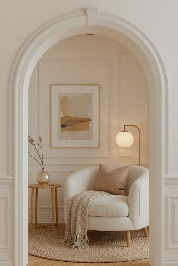 Décoration Murale Salon Tendance avec moulures modernes dans un petit salon carré cosy.