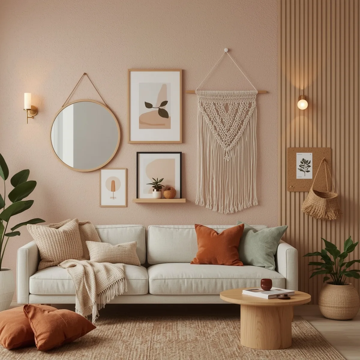 Décoration Murale Salon Tendance avec galerie de cadres, miroir organique, macramé, appliques, étagères flottantes et panneaux bois dans un salon cosy et chaleureux.