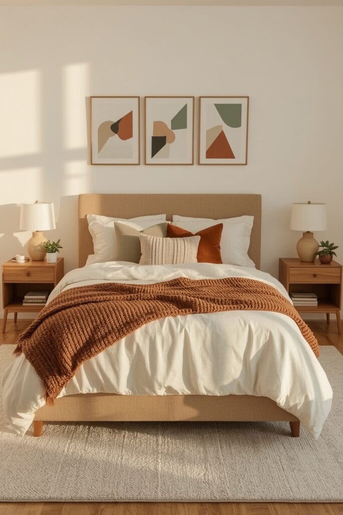 Chambre cosy avec lit harmonieusement intégré, superposition de textiles naturels et décoration murale coordonnée
