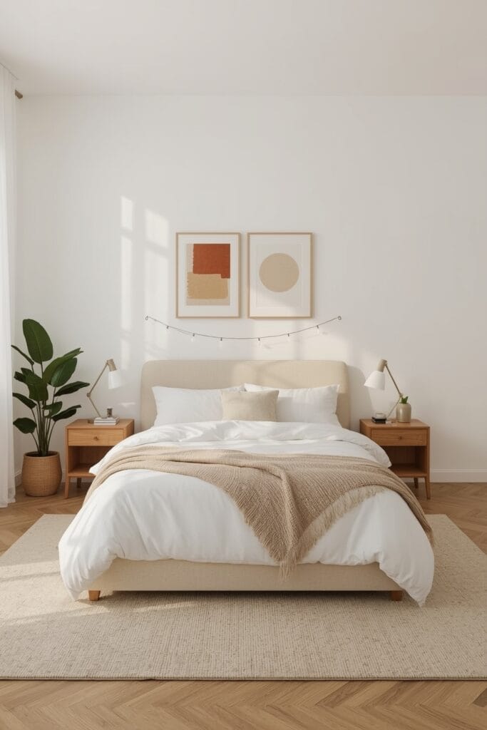 Aménagement cosy avec lit face à la fenêtre, tables de chevet symétriques et art textile mural