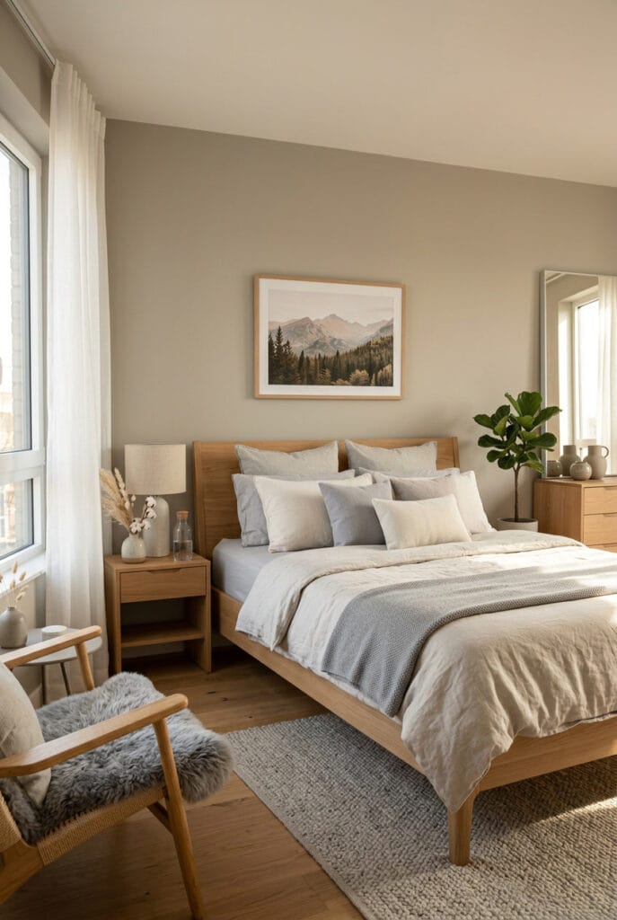 Lit cosy japandi bois clair lin coton coussins symétriques teintes neutres beige gris sérénité harmonieuse