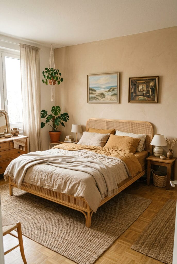 Lit cosy naturel structure rotin lin froissé teintes terre beige sable ocre plantes vertes tapis naturel