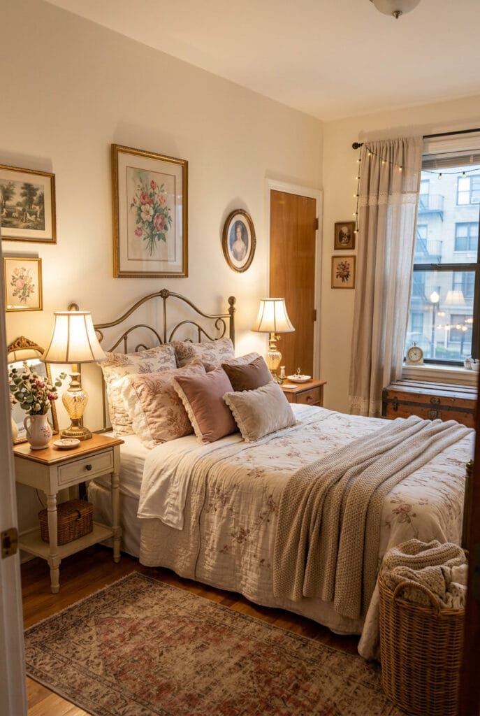 Lit cosy vintage tête de lit rétro couvre-lit brodé lampe laiton miroir ancien tons crème rose poudré