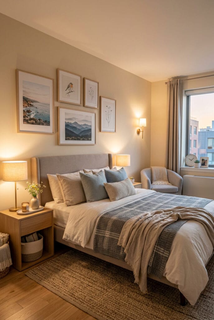 Lit cosy moderne lignes sobres coton doux plaid coussins teintes neutres blanc cassé gris sable lumière douce