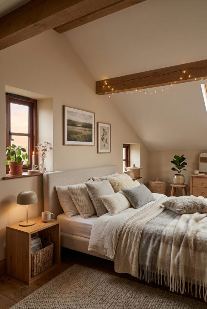 Lit cosy sous les combles cadre bas textiles moelleux coussins plaids teintes claires guirlande tamisée
