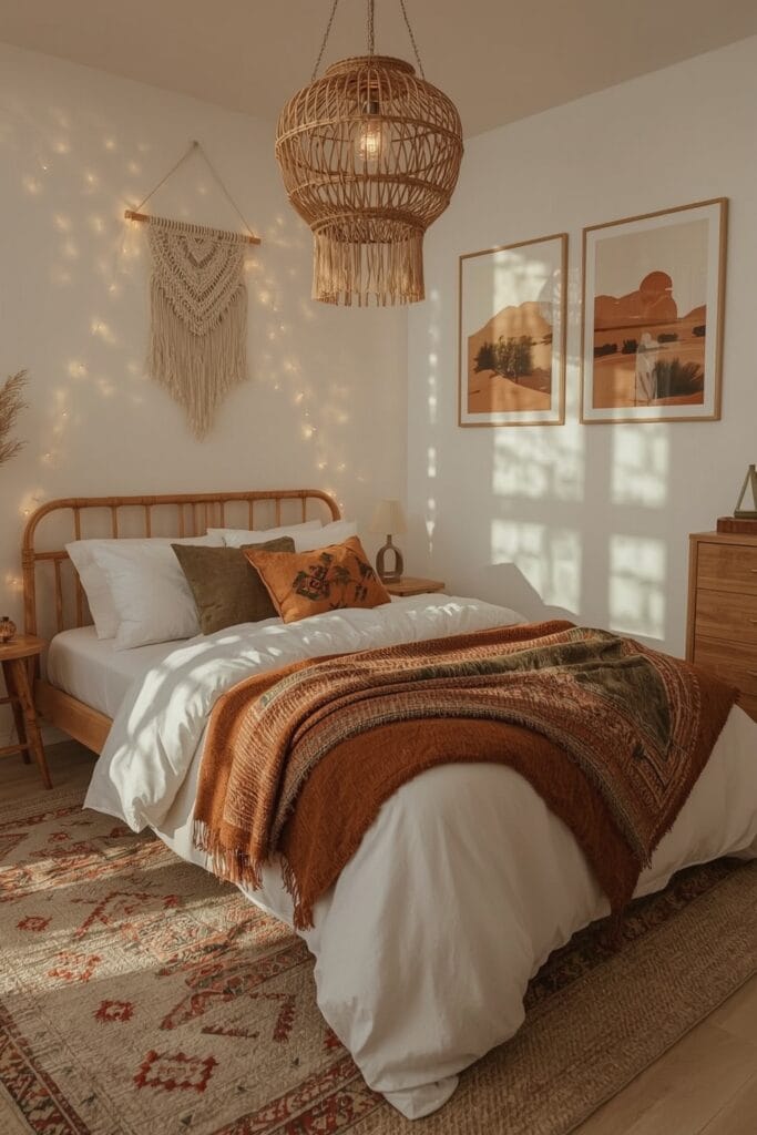 Lit cosy bohème avec textiles ethniques, suspension en rotin et éclairage chaleureux en fin de journée