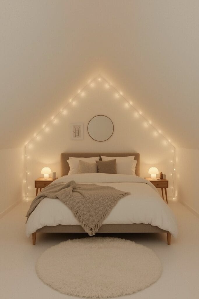 Lit cosy sous les combles avec pente de toit, literie moelleuse et éclairage tamisé créant un nid suspendu
