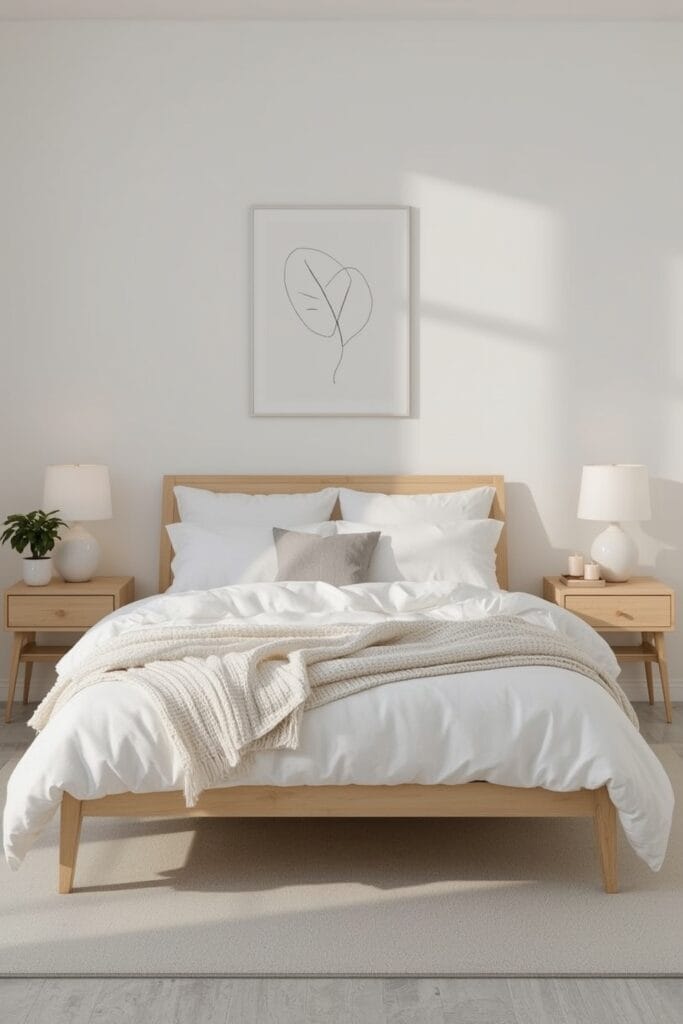 Lit cosy scandinave avec bois clair, couette généreuse et éclairage doux dans une chambre épurée