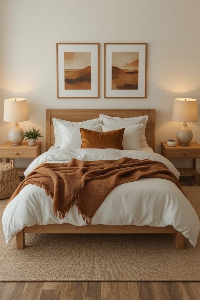 Lit cosy rustique chic entier avec tête de lit en bois, textiles superposés et éclairage doré