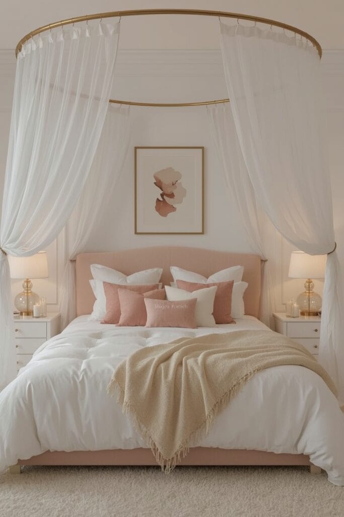 Lit cosy romantique avec voilages entourant le lit, tête de lit capitonnée rose et décoration tons poudrés
