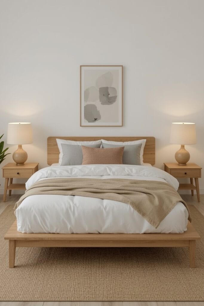 Lit cosy Japandi avec cadre en bois clair, arrangement symétrique et décoration minimaliste