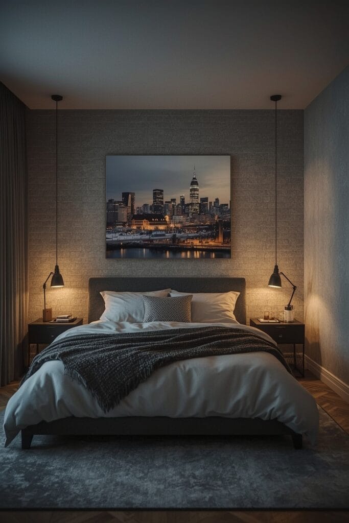 Lit cosy industriel avec structure métallique, mur sombre et éclairage à filament dans une ambiance urbaine