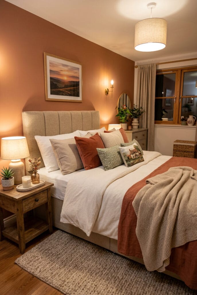 Lit cosy superposition couches drap couverture plaid coussins nuances beige écru terracotta vert sauge