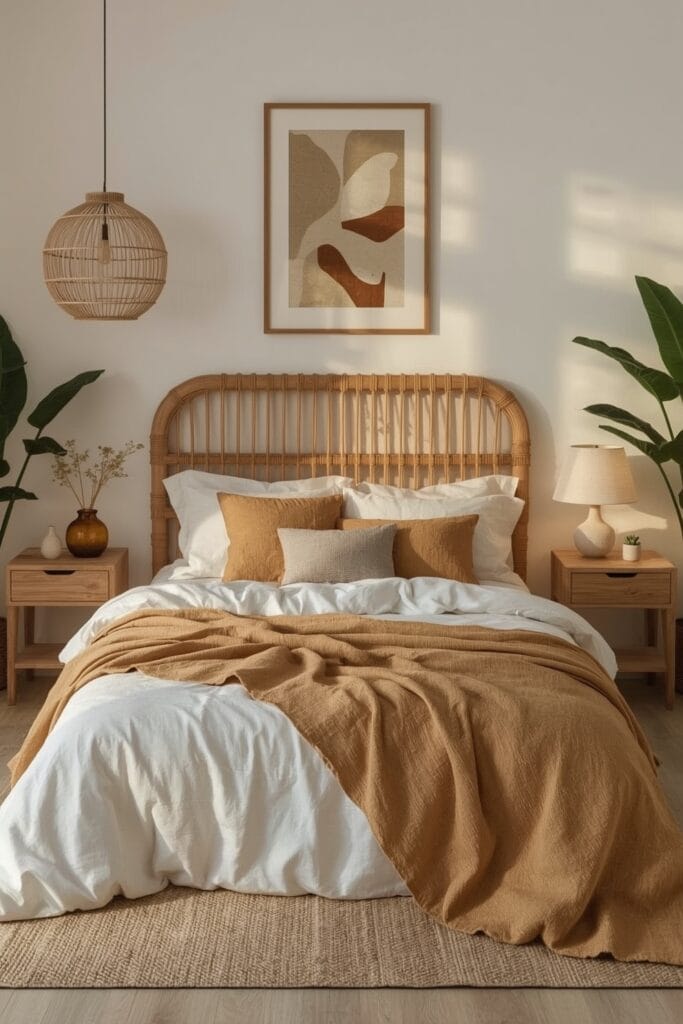 Lit cosy naturel avec tête de lit en rotin, éclairage chaleureux et textiles en lin au crépuscule
