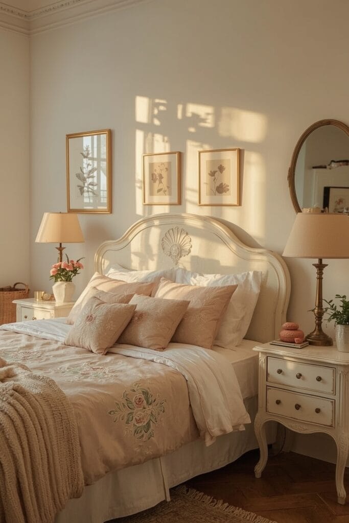 Lit cosy vintage avec tête de lit ancienne, couvre-lit brodé et décorations rétro dans une ambiance chaleureuse