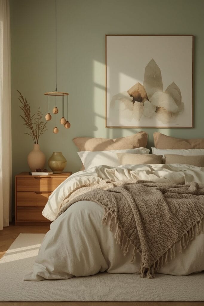 Lit cosy comme sanctuaire de bien-être avec mobile sensoriel, tapis acoustique et objets apaisants