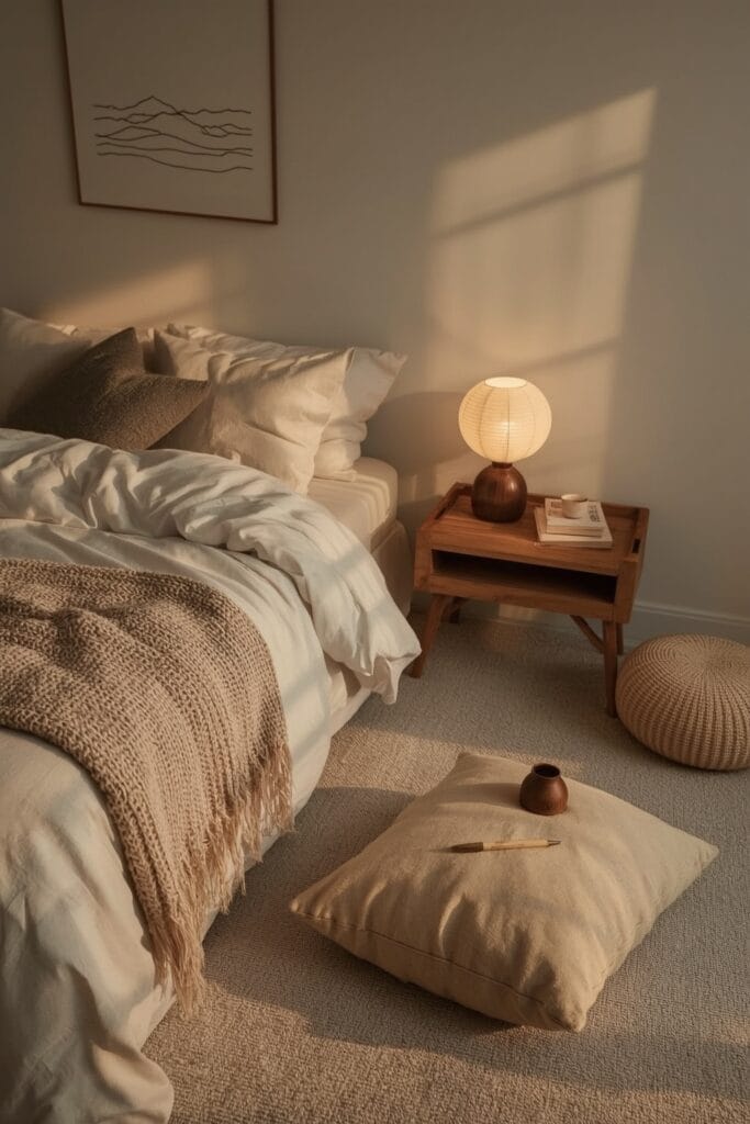 Lit cosy avec espace méditation, livres et carnet pour moments de lâcher-prise