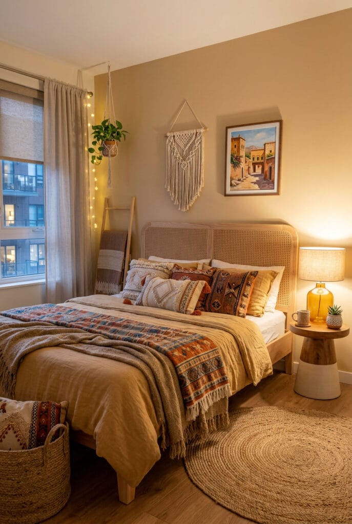 Lit cosy bohème matières naturelles lin jute macramé coussins ethniques tons ocre sable vert olive