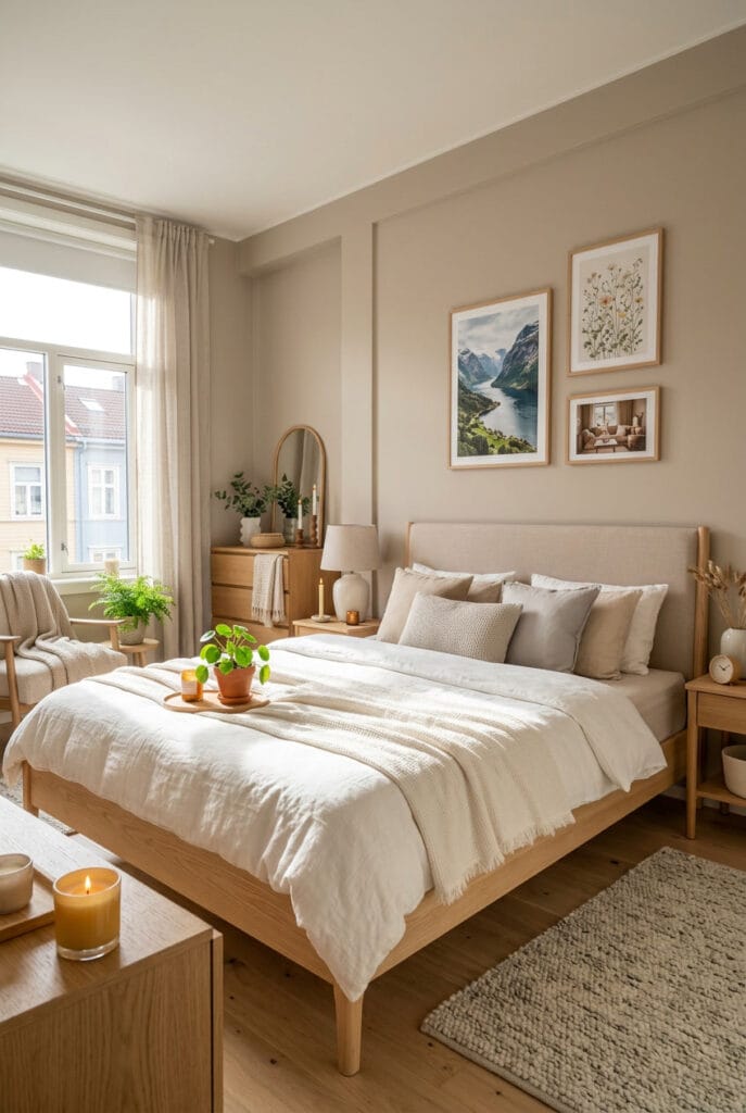 Lit cosy scandinave bois clair blanc cassé beige gris perle lampe douce bougies plante épuré