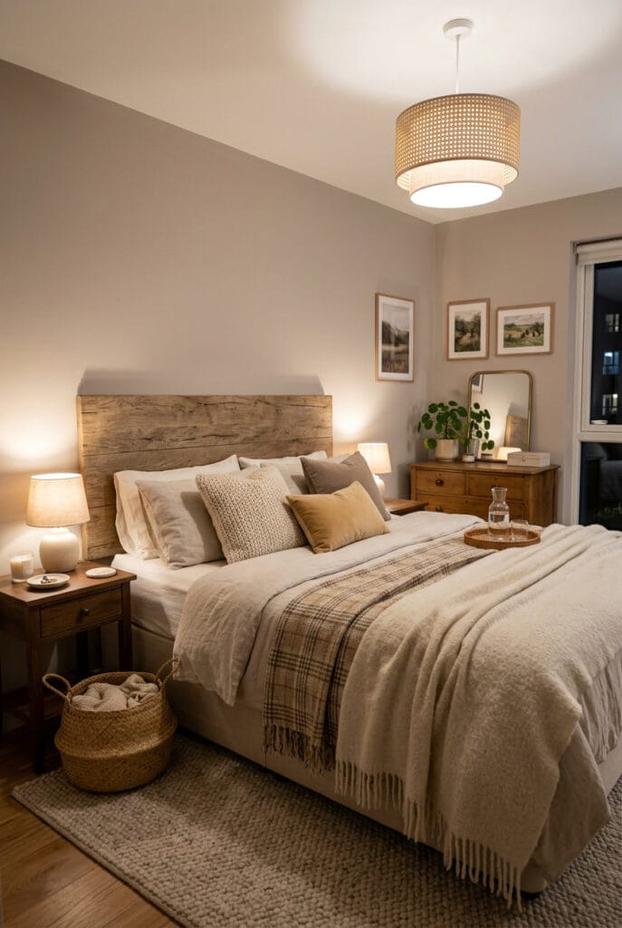 Lit cosy rustique chic bois patiné tête de lit naturelle coussins lin plaids épais panier osier lampe