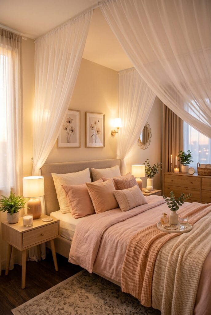 Lit cosy romantique voilages légers tons poudrés rose tendre crème pêche bougies lumière chaude