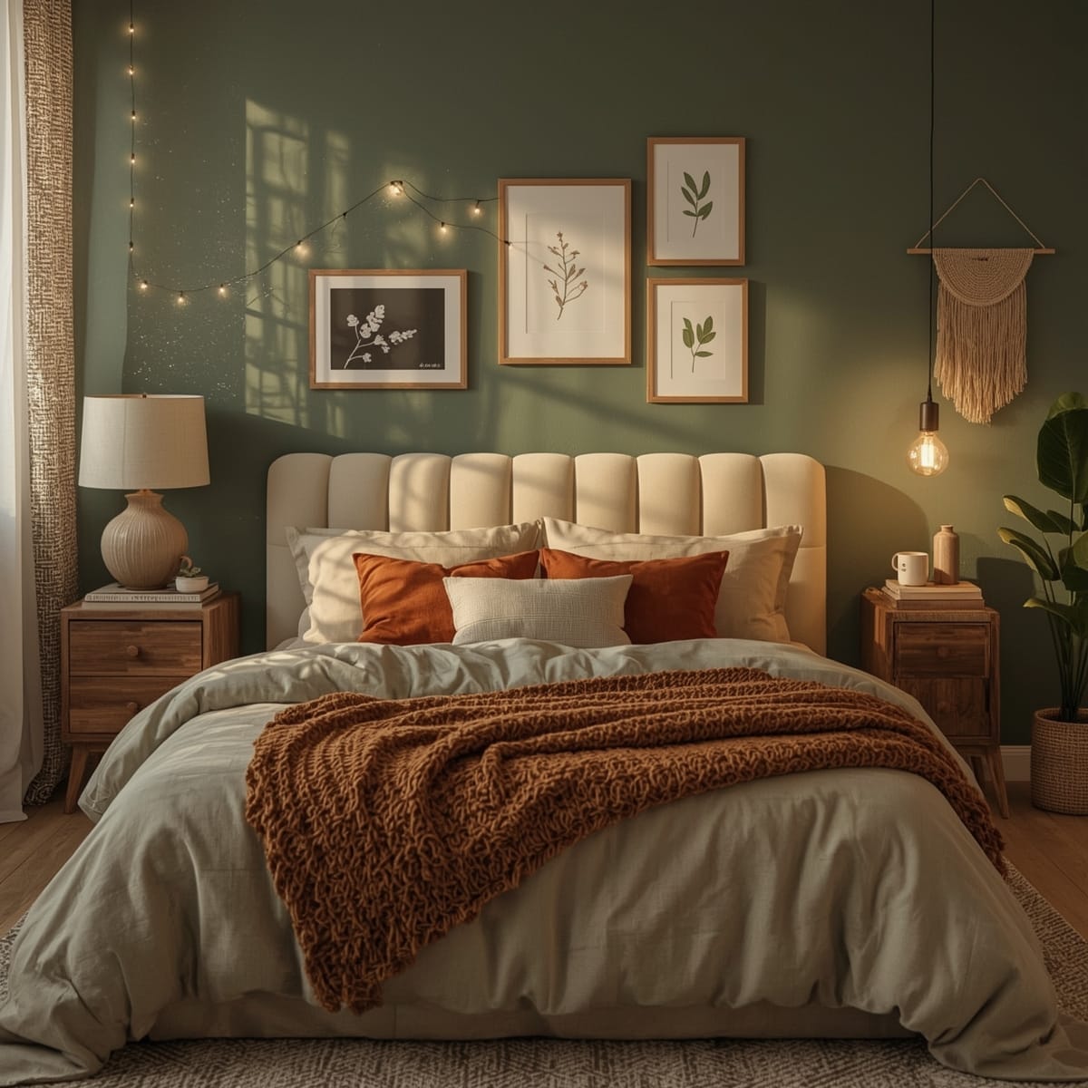 Lit cosy ultime avec tête de lit capitonnée, textiles superposés et mur vert sage, ambiance cocooning