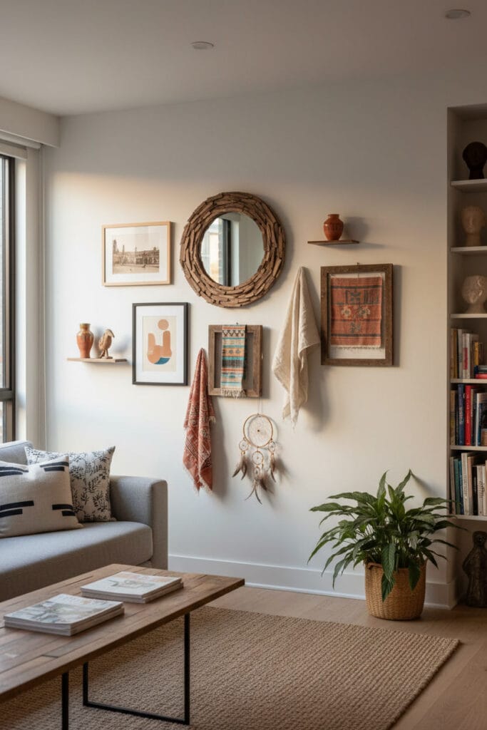 Mur d’inspiration composé d’objets et de photos créant une décoration murale salon tendance personnalisée