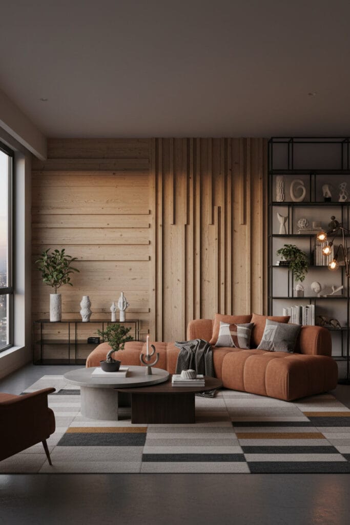 Mur décoratif en bois apportant texture et chaleur à une décoration murale salon tendance